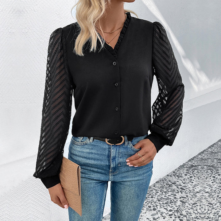 Damen elegante Bluse mit Rüschendetails und transparenter Spitze Drune
