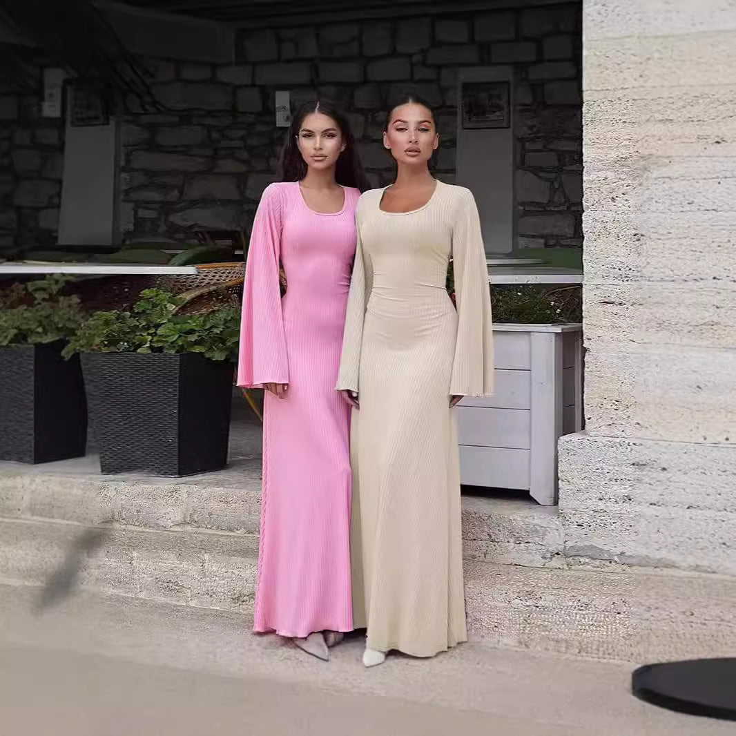 Damen Maxikleid mit langem, weitem Ärmel und elegantem Quadrat-Ausschnitt Drune