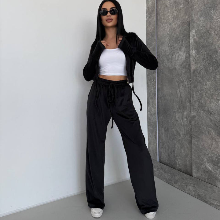 Damen Velours Lounge-Set mit tailliertem Hoodie und elastischen Hosen Drune