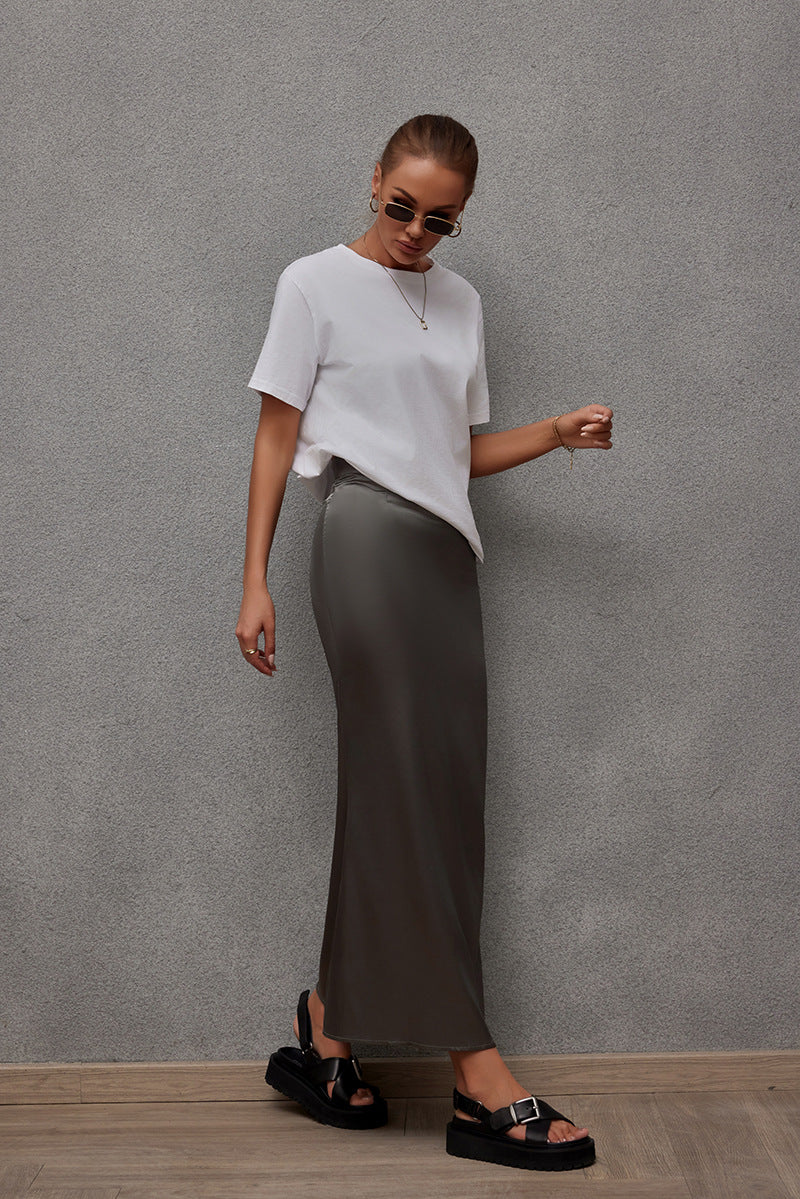 Damen Eleganter Maxirock aus glänzendem Satin mit hohem Schlitz Drune