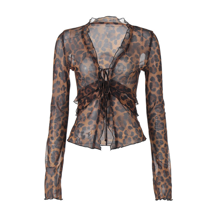 Damen leicht transparentes Oberteil mit Leopardenmuster Drune