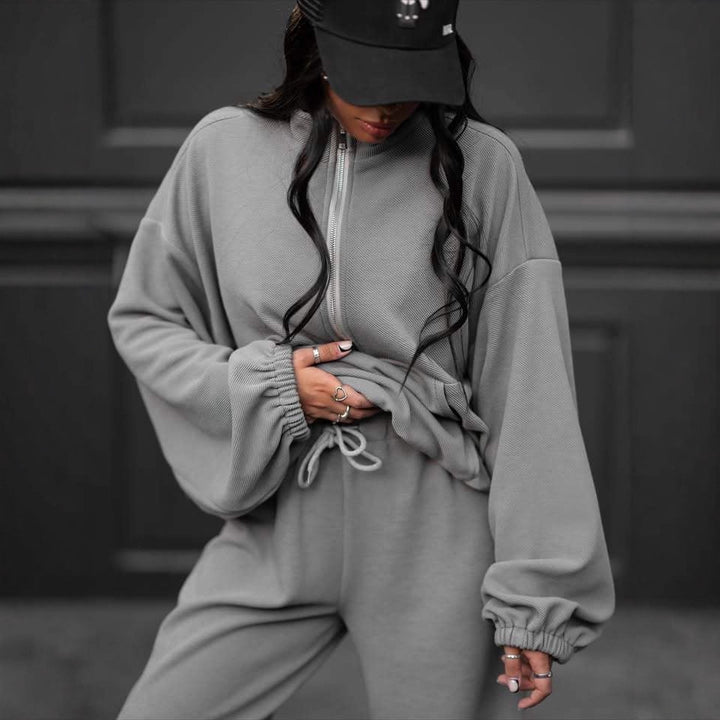 Damen lässiger Zip-Pullover mit weiten Ärmeln und bequemen Jogginghosen Drune