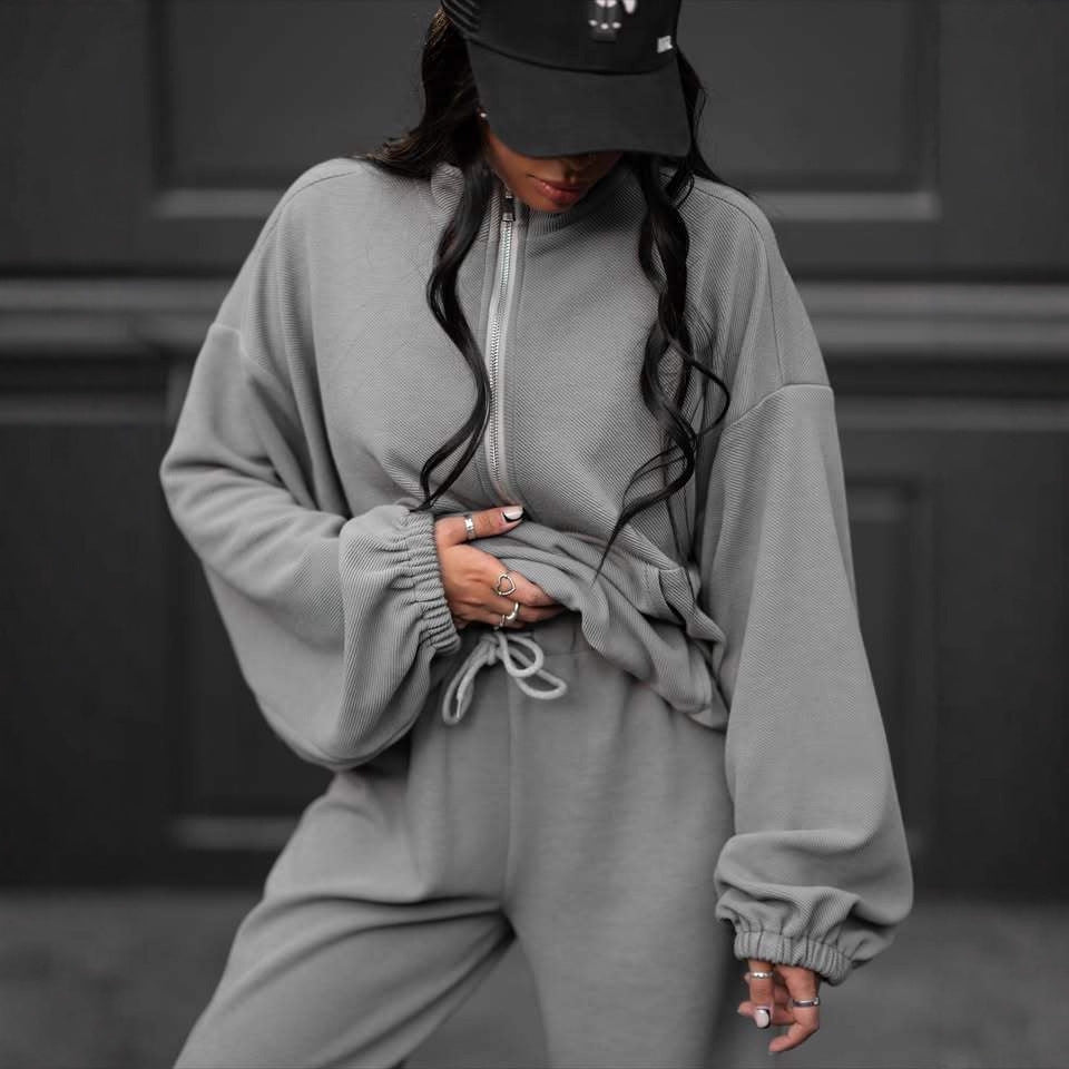 Damen lässiger Sweat-Anzug mit hohem Kragen und elastischen Ärmeln Drune