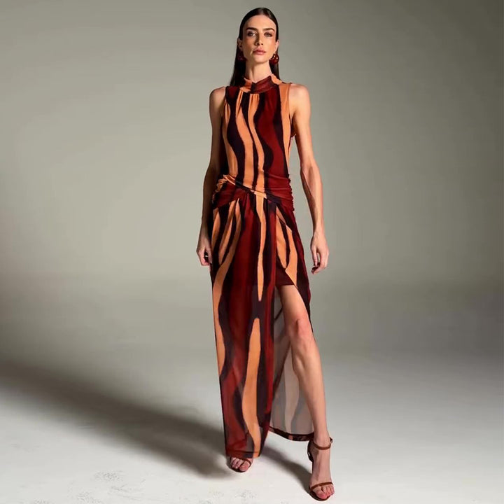 Damen elegantes Maxikleid mit einzigartigem Streifenmuster und hohem Kragen Drune