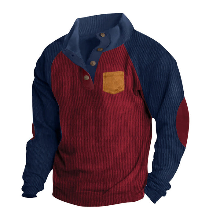 Herren nan strukturierter Halbknopf-Strickpullover im Cord-Look mit Raglanärmeln, aufgesetzter Brusttasche und Ellenbogenpatches Drune