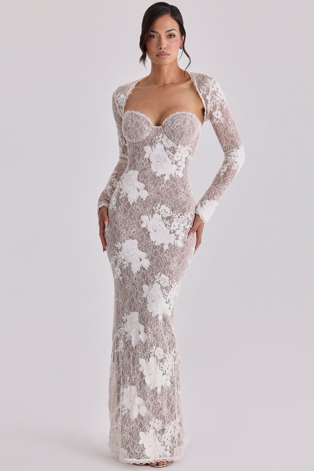 Damen Elegantes Spitzenabendkleid mit langem Arm und verführerischem Schnitt Drune