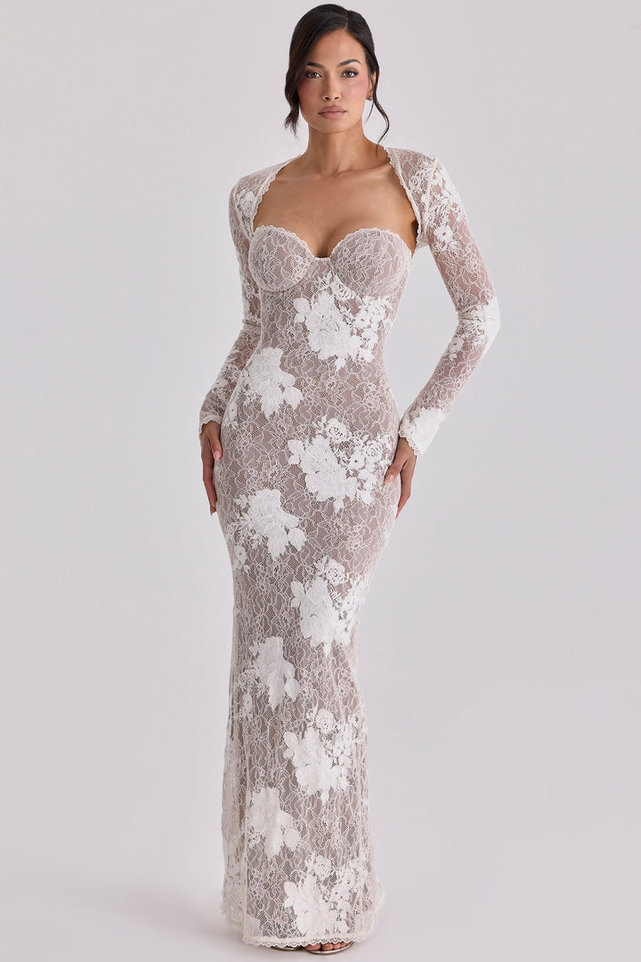 Damen Elegantes Spitzenabendkleid mit langem Arm und verführerischem Schnitt Drune