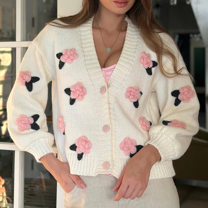 Damen Strickjacke mit floralen Applikationen und voluminösen Ärmeln Drune