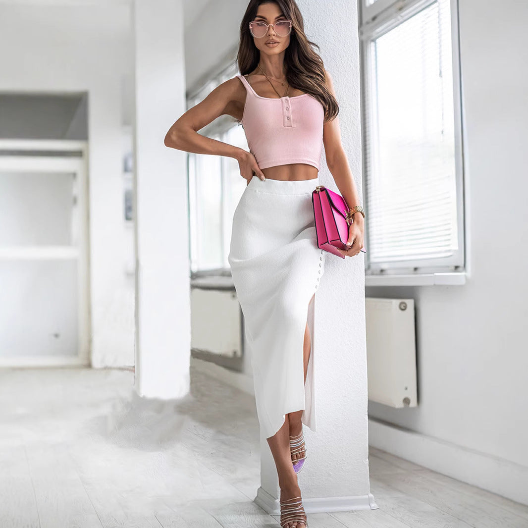 Damen Figurbetonter Strickrock mit Knopfdetail und Schlitz Drune