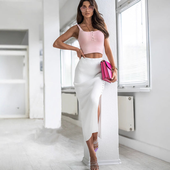 Damen Figurbetonter Strickrock mit Knopfdetail und Schlitz Drune