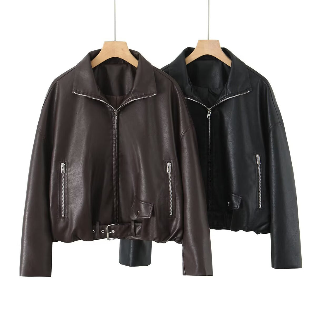 Damen Kunstlederjacke mit hohem Kragen und einzigartigem Design Drune
