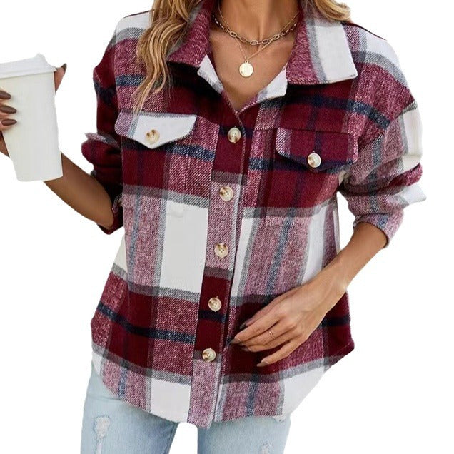Damen Karierte Flanelljacke mit Knopfleiste und Taschen Drune