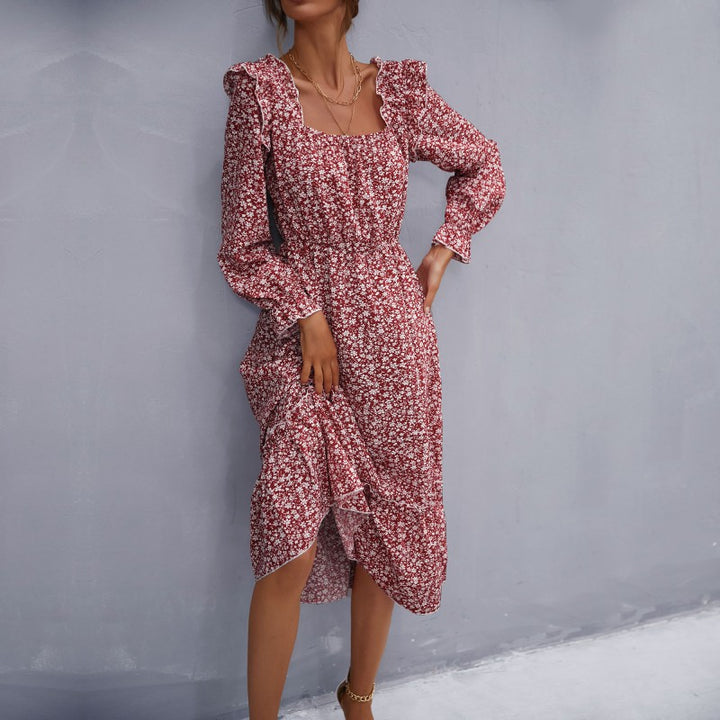 Damen romantisches Maxikleid mit Rüschendetails und floralen Mustern Drune