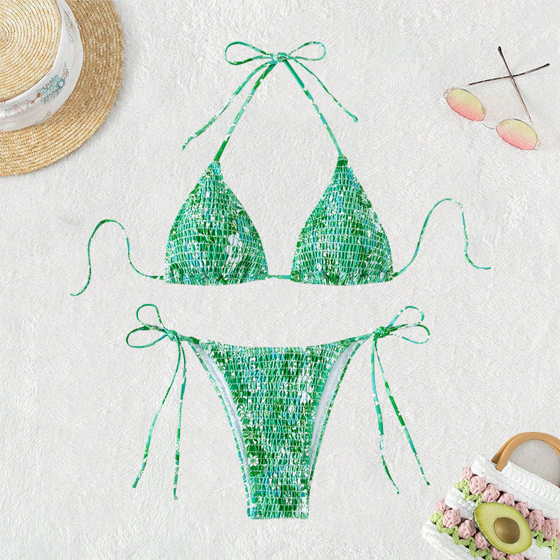 Damen Triangel-Bikini mit floralen Rüschendetails und verstellbaren Trägern Drune