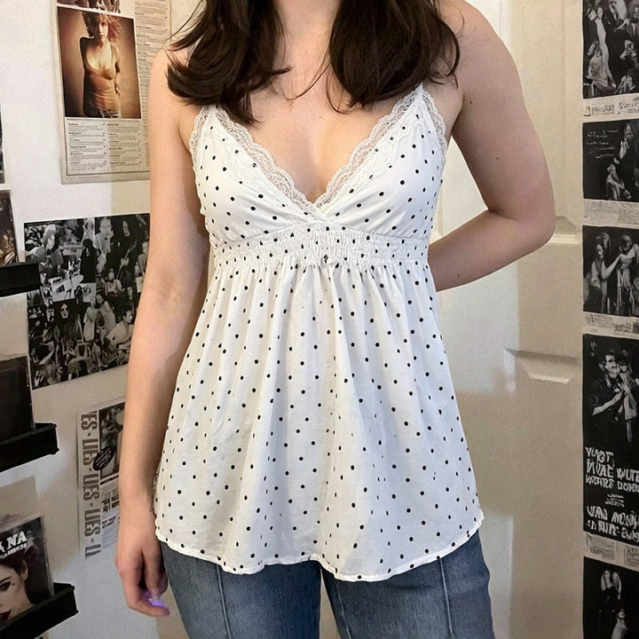 Damen Spaghetti-Top mit floralem Spitzenbesatz und elastischem Bund Drune