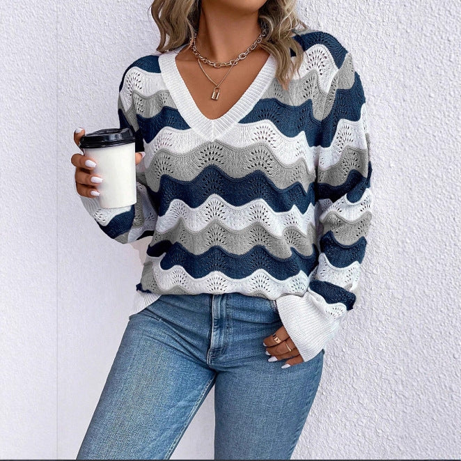 Damen V-Ausschnitt Pullover mit Wellenmuster und luftiger Struktur Drune