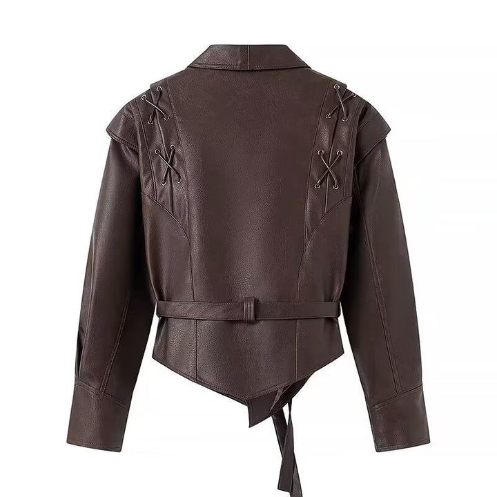 Damen elegante Kunstlederjacke mit taillierbarem Gürtel und dekorativen Schnürdetails Drune