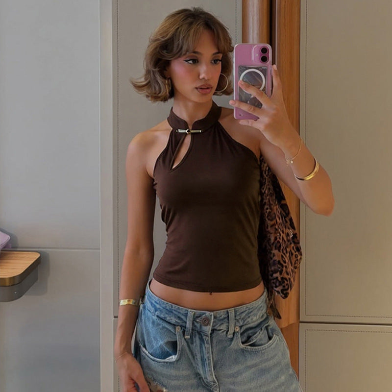 Damen modernes Hochkragen Top mit elegantem Schlitz und goldener Akzent Drune