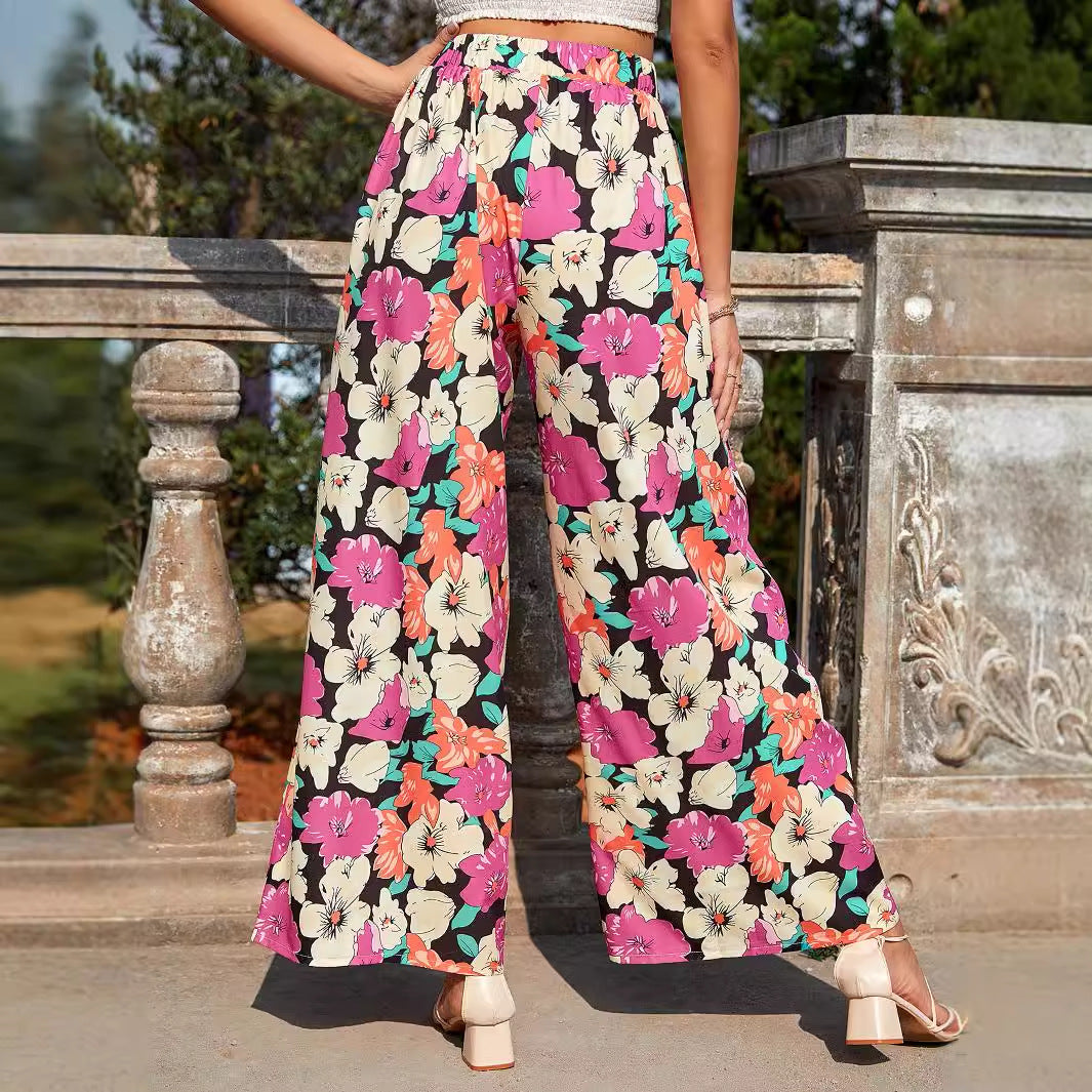 Damen luftige Palazzo-Hose mit buntem Blumenmuster und elastischem Taillenbund Drune