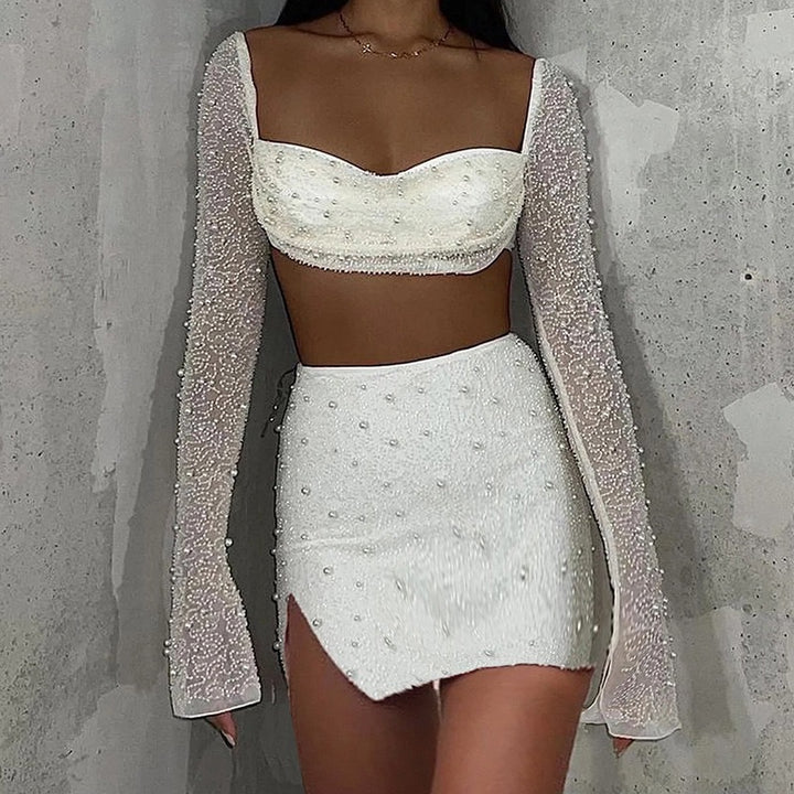 Damen Elegantes Crop-Top mit langen, transparenten Ärmeln und funkelnden Akzenten Drune