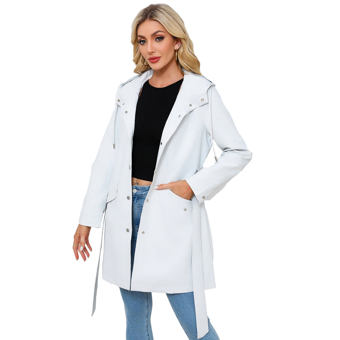 Damen wasserfeste Übergangsjacke mit verstellbarem Kapuzenkragen und Taillengürtel Drune