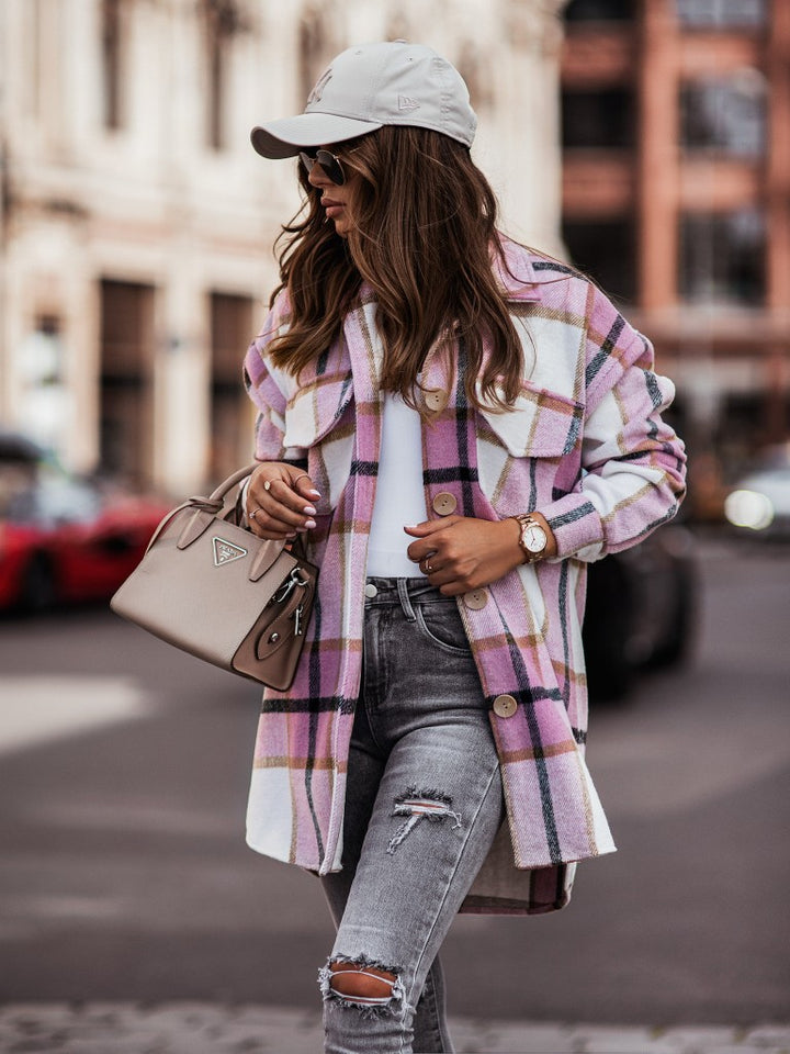 Damen Oversized Blazerjacke im karierten Design mit praktischen Taschen und Knopfdetails Drune