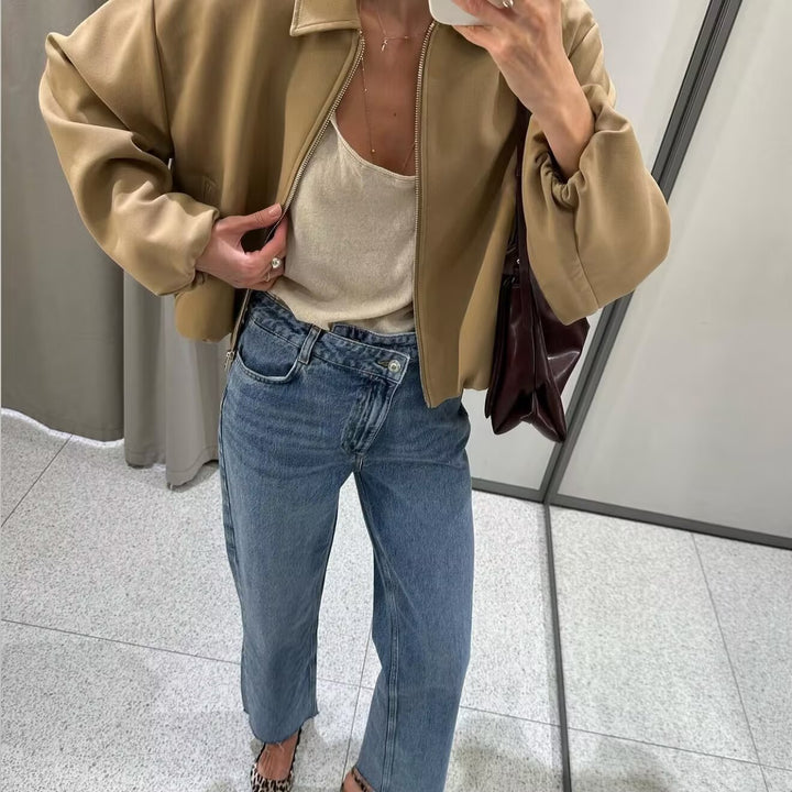 Damen modische Übergangsjacke mit hohem Kragen und voluminösen Ärmeln Drune