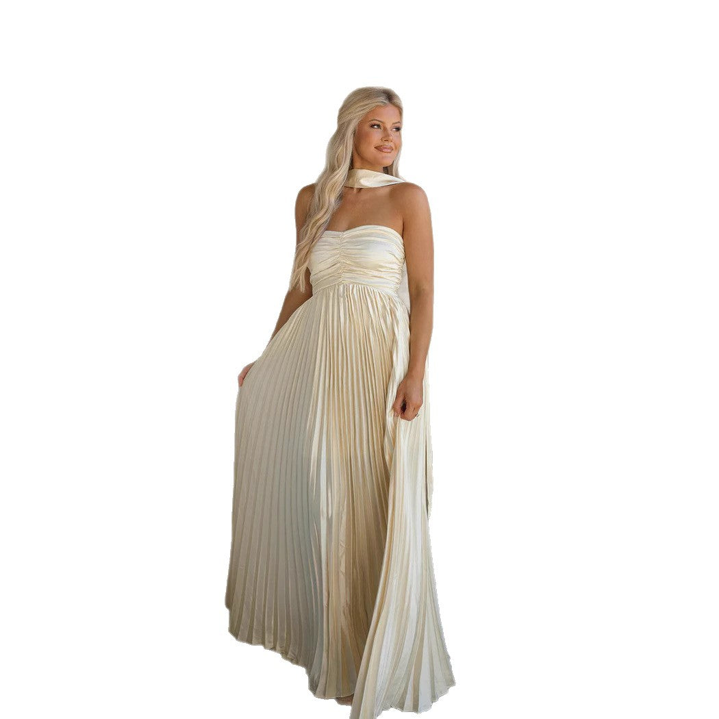 Damen Langarm Maxi-Kleid mit elegantem Faltenrock und schulterfreier Silhouette Drune