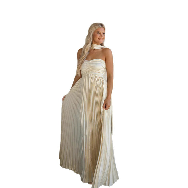 Damen Langarm Maxi-Kleid mit elegantem Faltenrock und schulterfreier Silhouette Drune