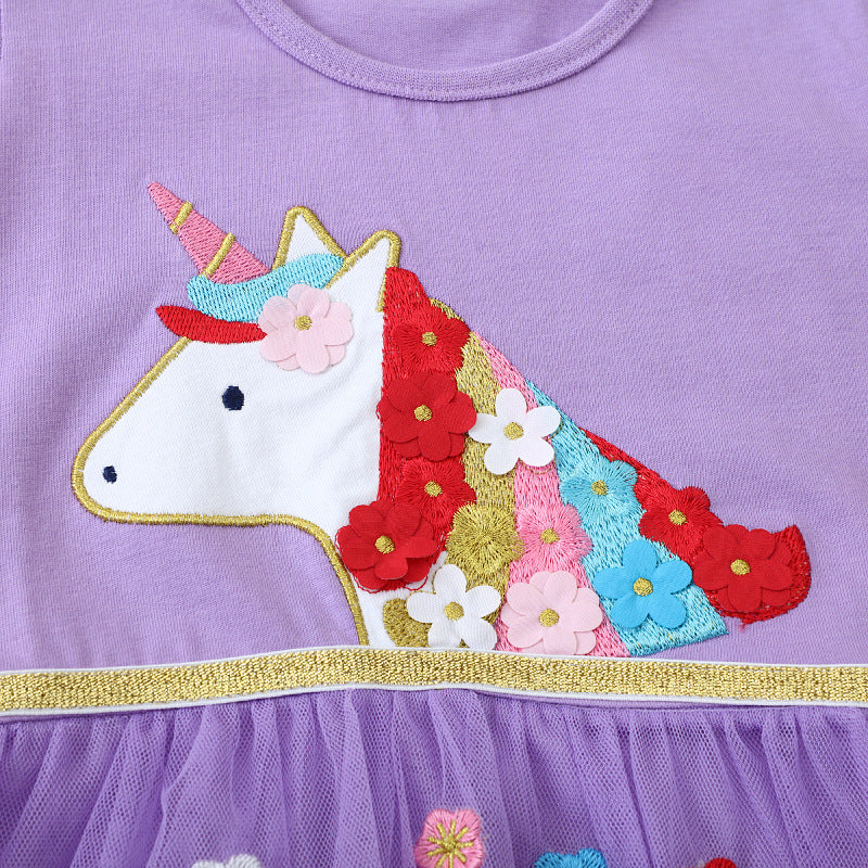 Mädchen Tüllkleid mit bunten Einhorn- und Blumenapplikationen Drune