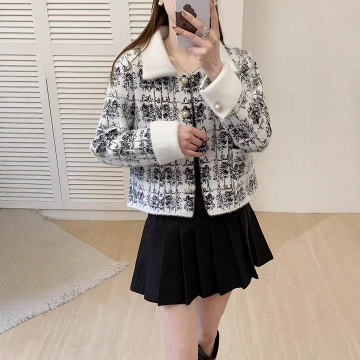 Damen Stylische Strickjacke mit Perlenknöpfen und kragen Drune