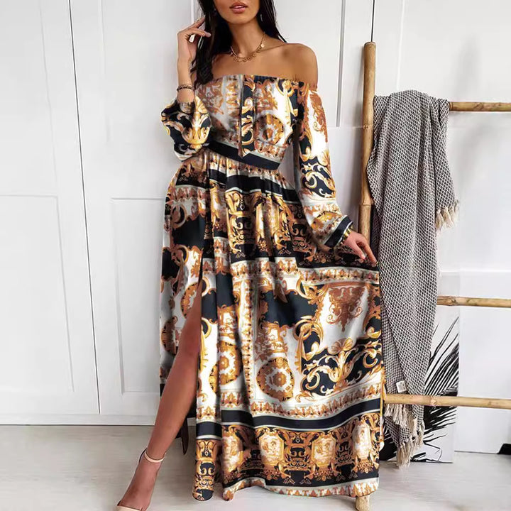 Damen Elegantes Off-Shoulder Maxikleid mit raffinierten Plisseedetails und hohem Schlitz Drune