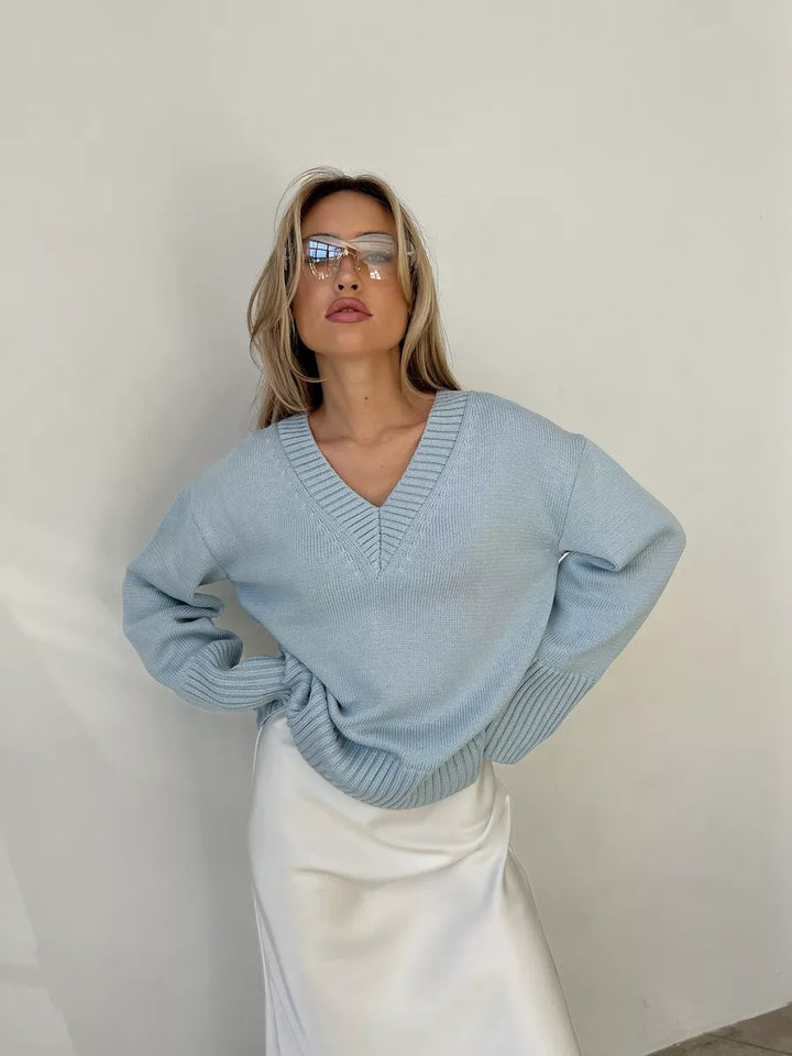 Damen lässiger Strickpullover mit V-Ausschnitt und oversized Schnitt Drune