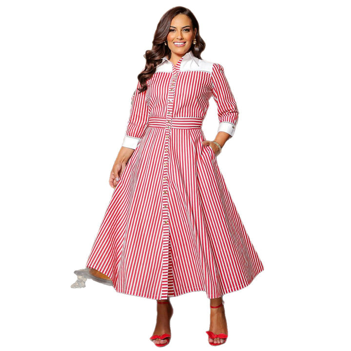 Damen Maxikleid mit eleganten Streifen und Hemdblusenkragen Drune