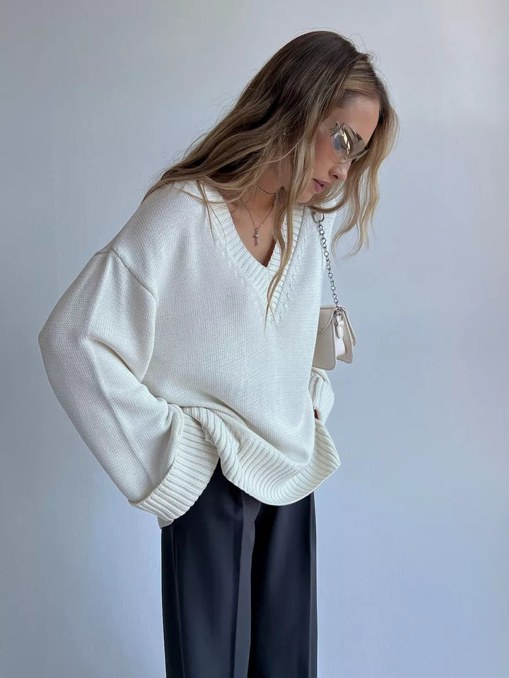 Damen nan oversized Feinstrickpullover mit tiefem V-Ausschnitt, gerippten Bündchen und lockerer Silhouette Drune