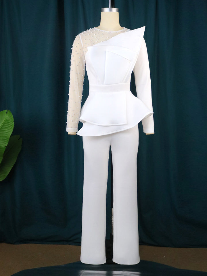 Damen Eleganter Jumpsuit mit transparenten Puffärmeln und tiefem V-Ausschnitt Drune