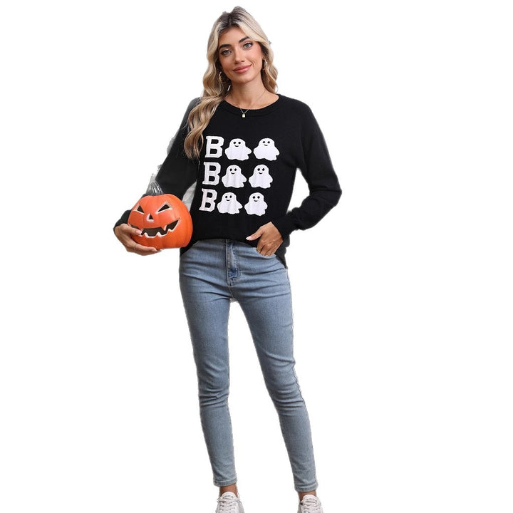 Damen Gestrickter Halloween-Pullover mit Geistermotiv und weitem Schnitt Drune
