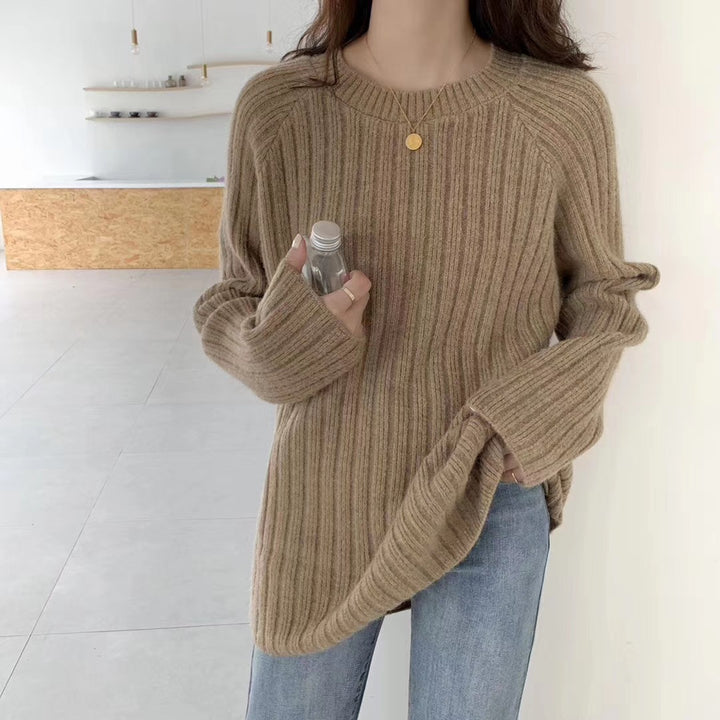 Damen gemütlicher Strickpullover mit weitem Schnitt und Rippenstruktur Drune