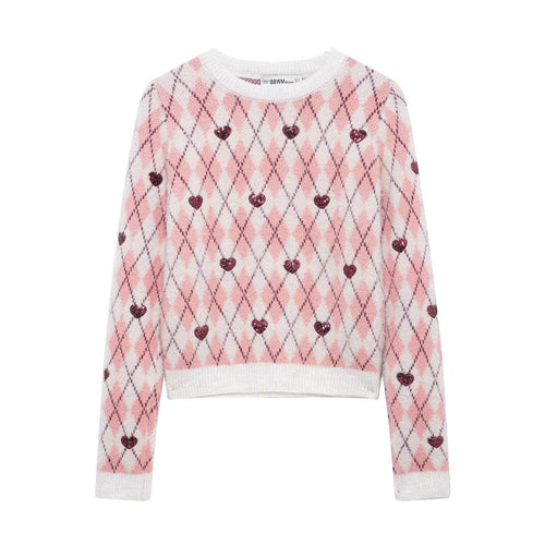 Damen Pullover mit herzförmigem Pattern und Glitzerelementen Drune