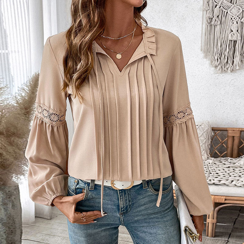 Damen elegante Longbluse mit feinen Falten und Spitzenakzenten Drune