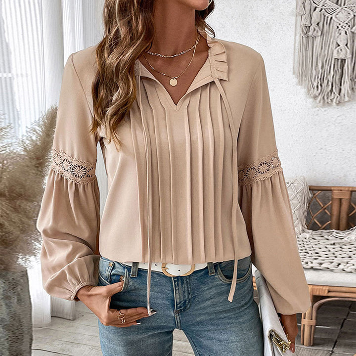 Damen elegante Longbluse mit feinen Falten und Spitzenakzenten Drune