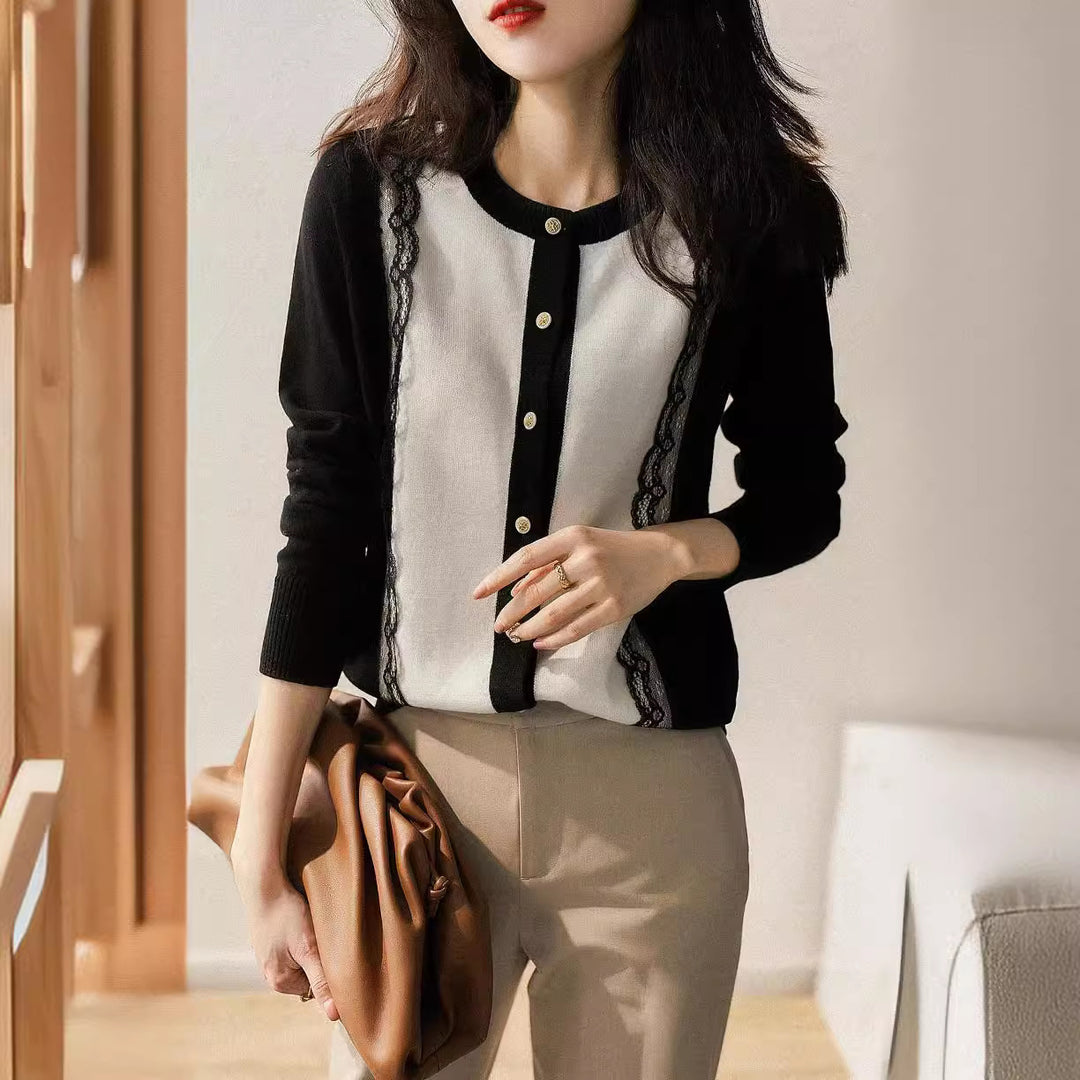 Damen elegante Strickjacke mit Spitzenbesatz Drune