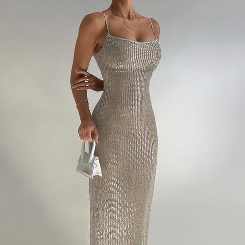 Damen Maxi-Kleid aus funkelndem Strick mit schmalen Spaghettiträgern Drune