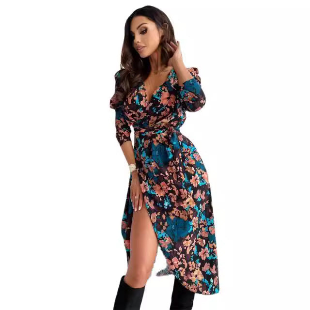 Damen Fließendes Wickelkleid mit floralem Design und tiefem Schlitz Drune