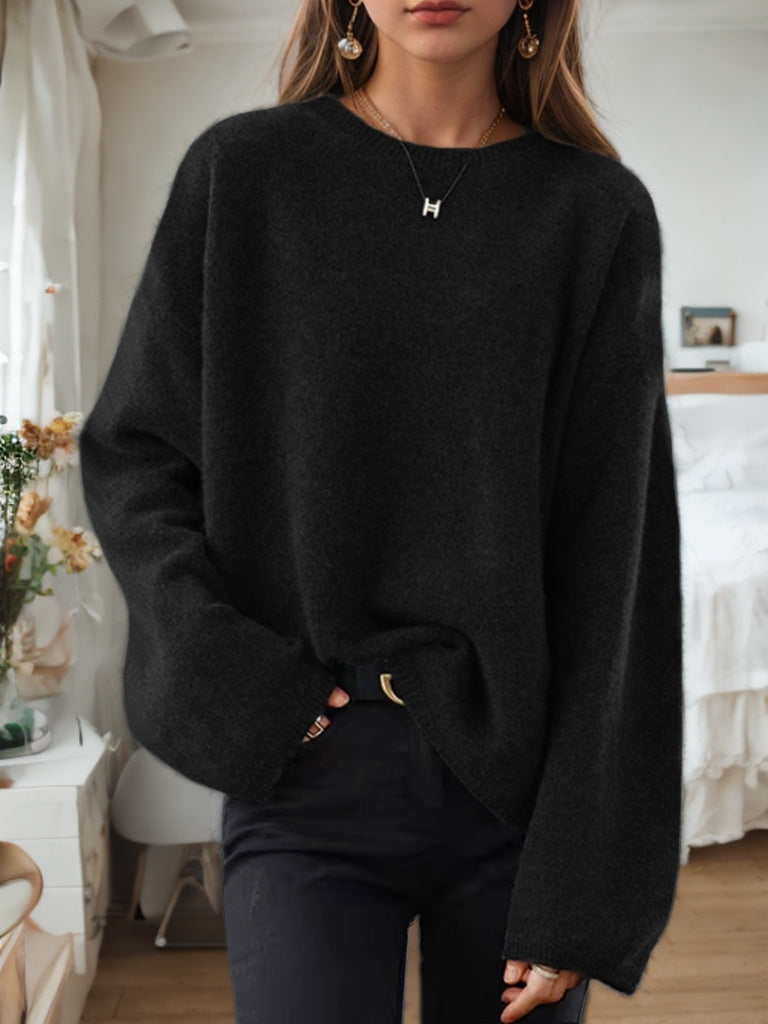 Damen nan lässiger Oversize-Strickpullover mit Rundhalsausschnitt und überschnittener Schulterpartie Drune