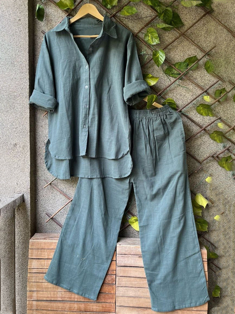 Damen lässiges Leinen-Hemd und Hose Set Drune