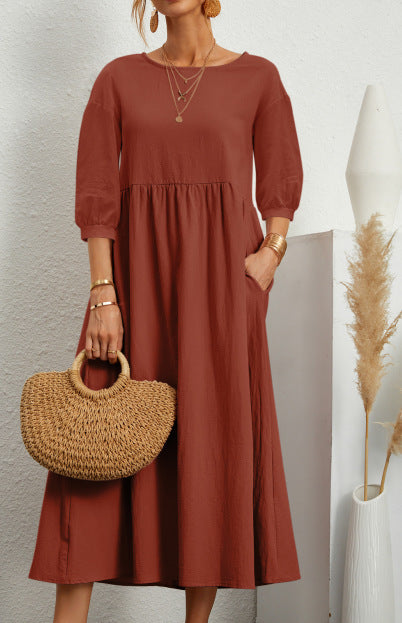 Damen Maxikleid mit eleganter Taillierung und voluminösen Ärmeln Drune