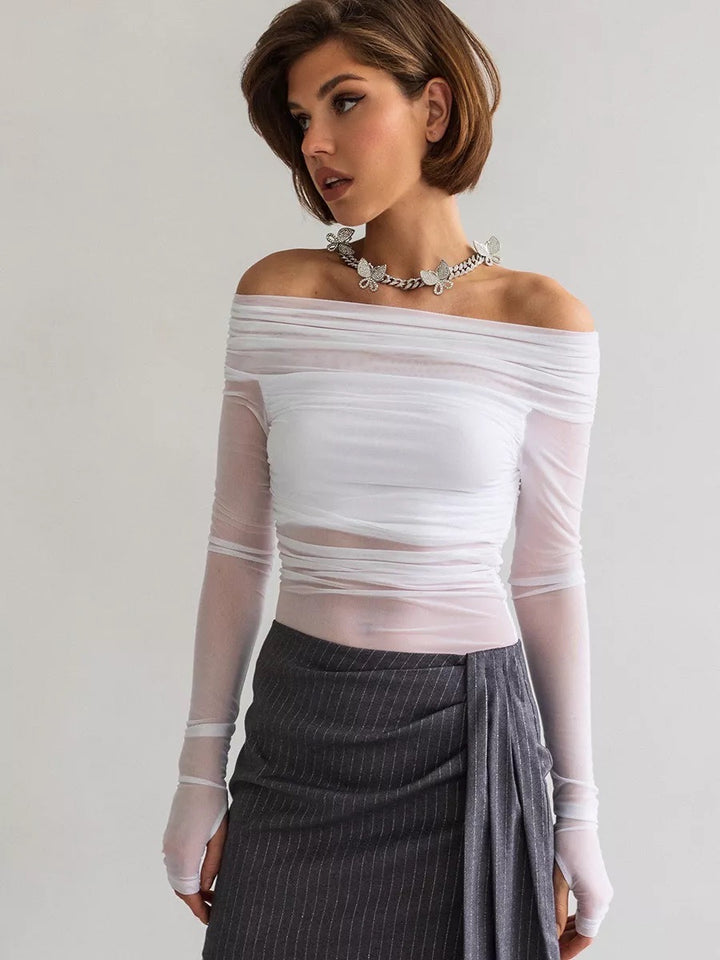 Damen Offshoulder Langarm-Top aus transparentem Netzmaterial Drune