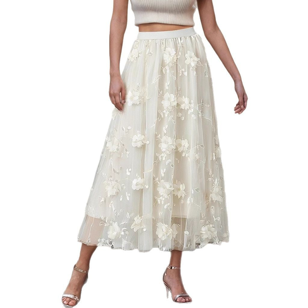 Damen Eleganter Tüllrock mit floralen Stickereien und elastischem Bund Drune