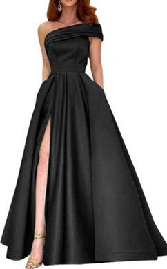 Damen Elegantes Maxikleid mit asymmetrischem Ausschnitt und hohem Beinschlitz Drune
